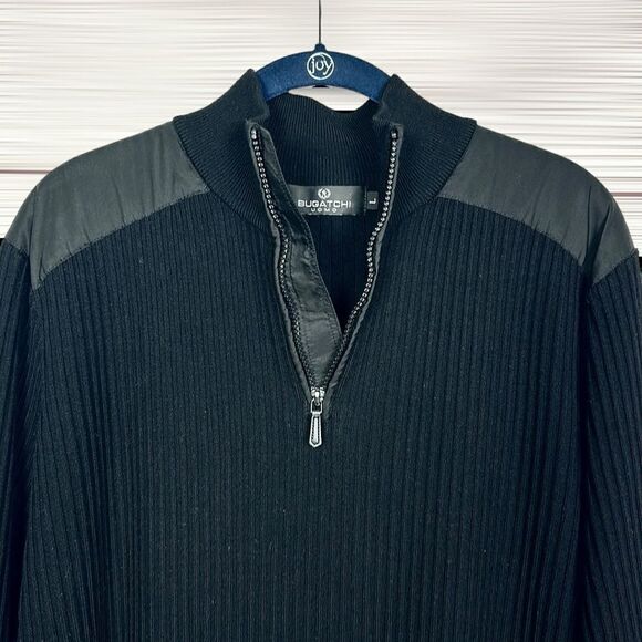 Bugatchi Uomo Black Rib Knit Quarter Zip Sweater Wool Blend Mock Neck L - Picture 4 of 13